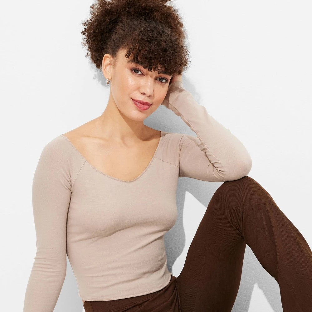 Women's Long Sleeve V-Neck Cropped Knit Pullover - Wild Fable™ | Taupe