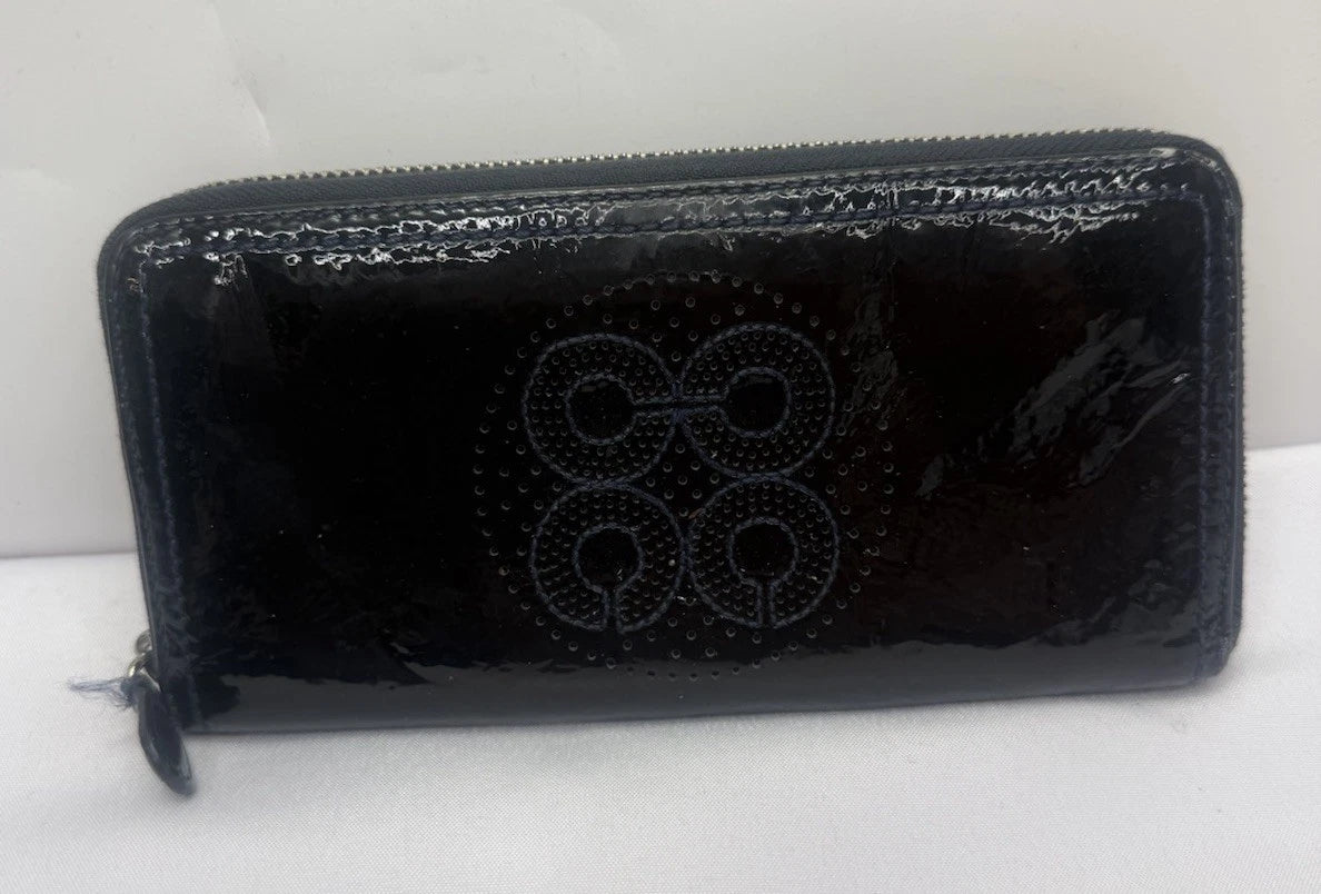 Coach Long Zip-Around Accordion Wallet in Navy Patent Leather with Four C Detail