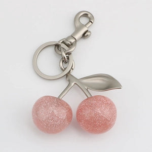 Glitter Resin Cherry Bag Charm Keychain – Pink Cherry & Matte Silver (312)