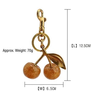 Glitter Resin Cherry Bag Charm Keychain – Rich Gold Shiny Cherry & Bronze Gold (356)