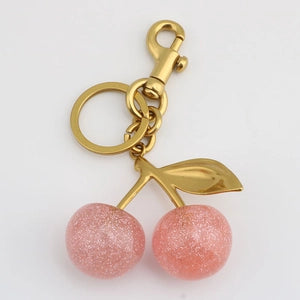 Glitter Resin Cherry Bag Charm Keychain Pink Cherry with Bronze Gold (