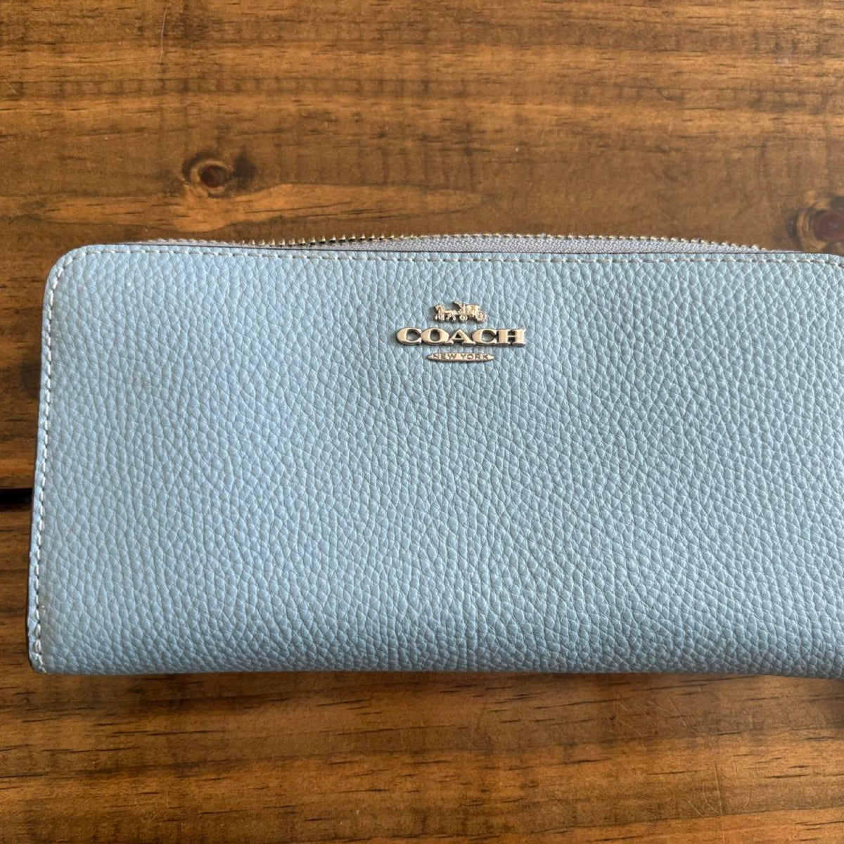Coach Long Zip-Around Wallet in Light Blue Pebble Leather with Silver Hardware (424)