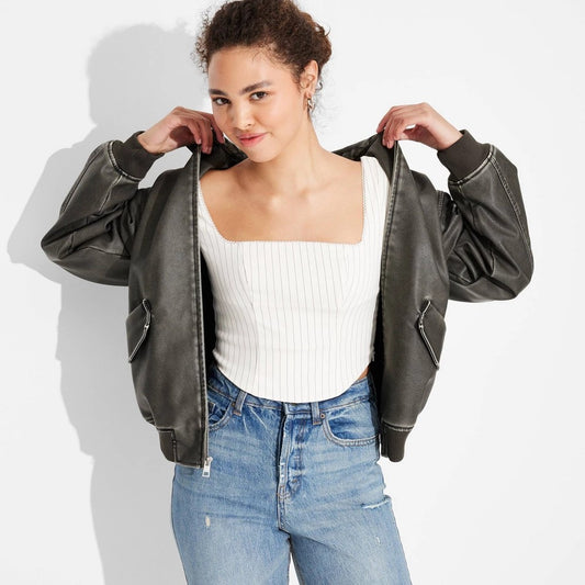 Women's Faux Leather Bomber Jacket - Wild Fable™ Black XL