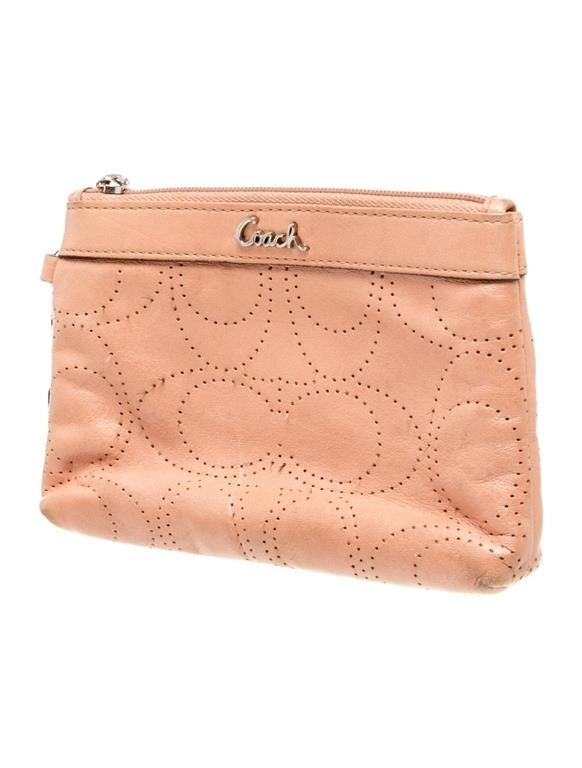 Coach Neutrals Leather Zip Closure Wristlet Perforated C Design