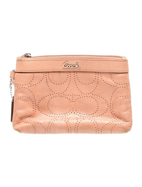 Coach Neutrals Leather Zip Closure Wristlet Perforated C Design