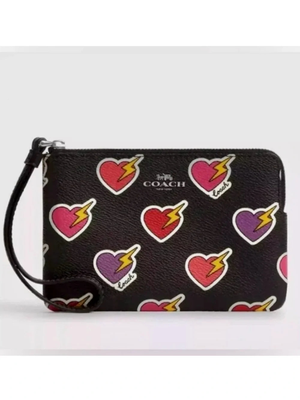 Coach Corner Zip Wristlet with Heart Bolt Print