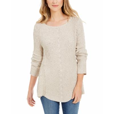 STYLE & COMPANY Women's Beige Textured Knitted Printed Long Sleeve Jewel Neck T-Shirt