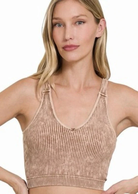 Zenana Brami Padded Ribbed Cropped Mineral Wash